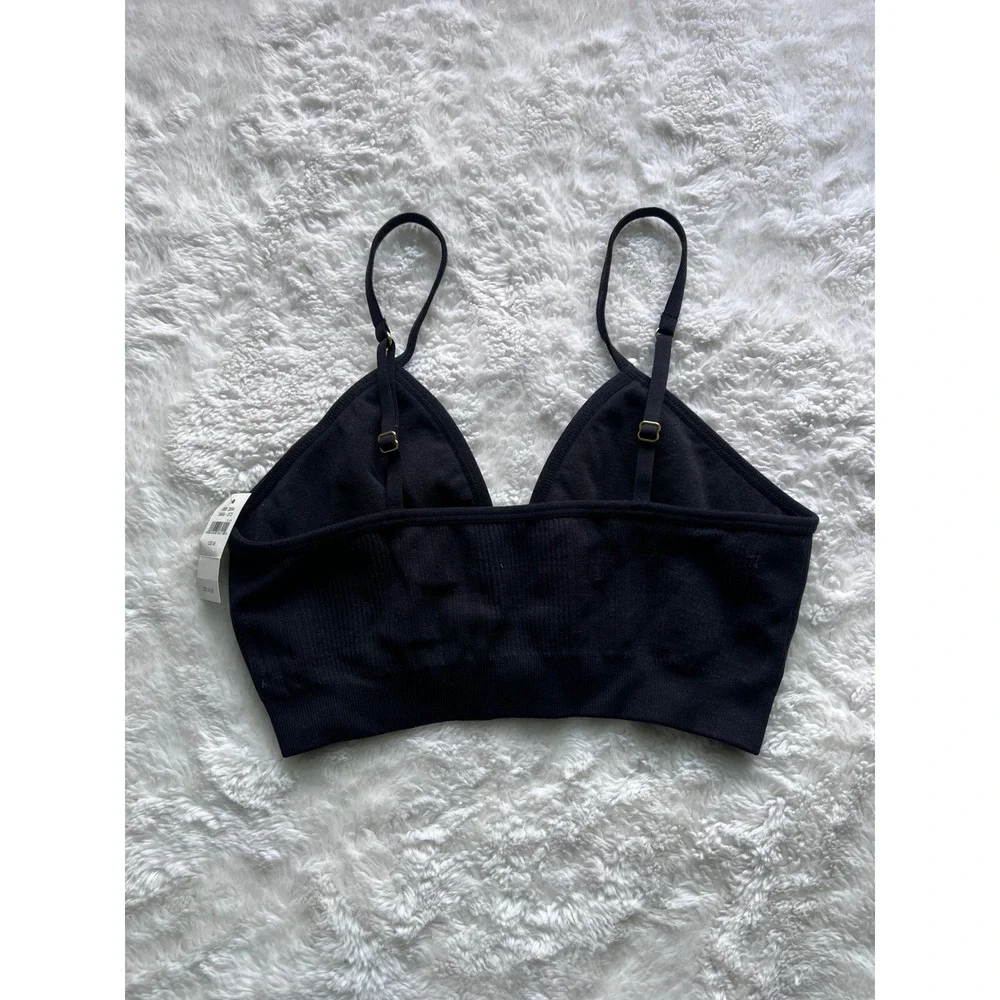 Aerie Womens Seamless Ribbed O-Ring Bralette Black V-Neck Adjustable M 3404-073